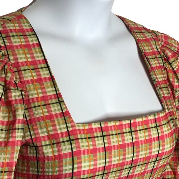 Topshop Check Plaid Smock Mini Dress Size 6 Y2K Babydoll Boho Puff Sleeve Retro - Picture 12 of 16